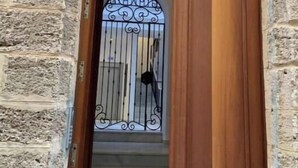 A wooden door with a metal gate, leading to a staircase. - 2 Flamenco AticoB (Cádiz)