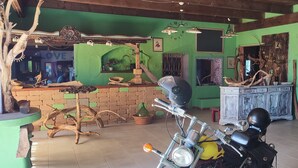 A room with a motorcycle, a brick fireplace, and a green wall. - Il nuraghe  (Arbus)