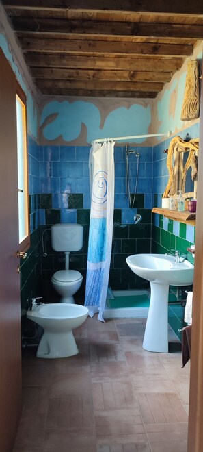 Design-dupleks | Badeværelse | Bruser, brusehoved med spredningseffekt, bidet, håndklæder