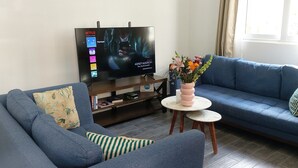 Un salon avec un canapé bleu, une table basse sur laquelle se trouve un vase rose, et un téléviseur posé sur un meuble.