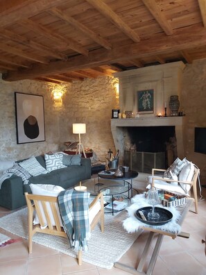 Televisión, chimenea y libros 