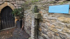 A stone wall with a plaque, a wooden door, and a string of lights. - Willows (Corbridge)