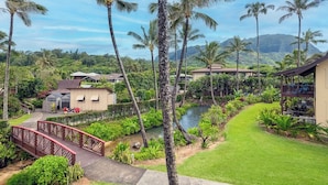 Un complexe hôtelier tropical doté d’une piscine, de palmiers et d’un pont.