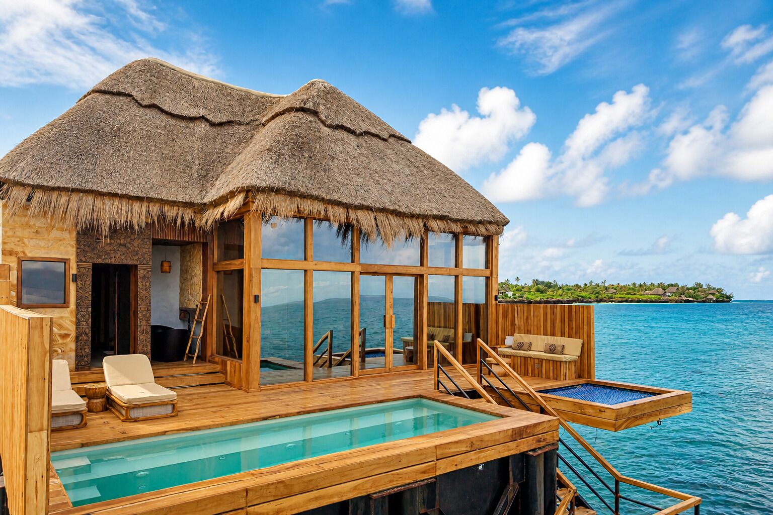A wooden overwater villa with a thatched roof, a pool, and a view of the ocean.