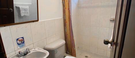 Un bagno con il WC, lavandino e doccia.