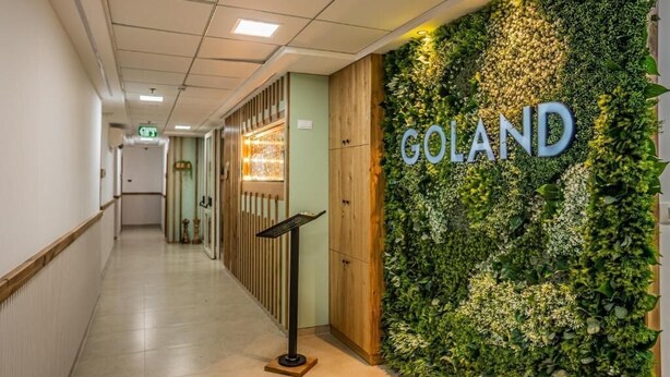 A hallway with a green wall displaying the word "GOLAND" and a signpost.