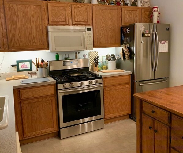 Villa, varias camas, patio, vista al jardín | Cocina privada | Refrigerador, microondas, horno y parrilla de estufa