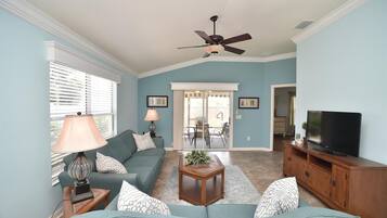 Villa, Multiple Beds, Hot Tub, Garden View | Living area | TV