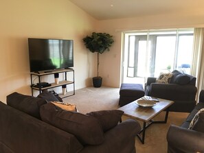 A living room with a flat-screen TV on a black stand, a potted plant, a dark-colored sofa, and a small table with a woven basket. - 2315 Jans Ter (Wildwood)