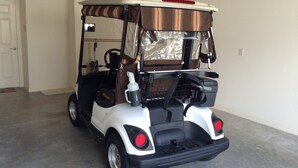 A golf cart in a garage with a white and brown striped canopy, a steering wheel, and a rearview mirror. - 3393 Alwyne Avenue (Wildwood)