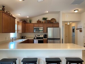 Villa, Multiple Beds, Lanai, Garden View | Private kitchen | Fridge, microwave, oven, stovetop