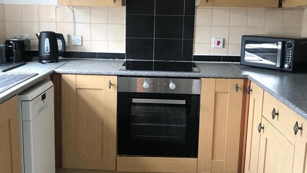 Ett kompakt kök med träskåp, en inbyggd ugn, en mikrovågsugn och en diskmaskin.