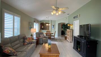 Villa, 2 Queen Beds, Lanai, Garden View | Living area | TV