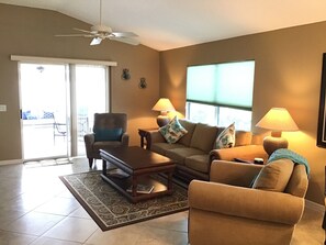Villa, Multiple Beds, Lanai, Garden View | Living area | TV