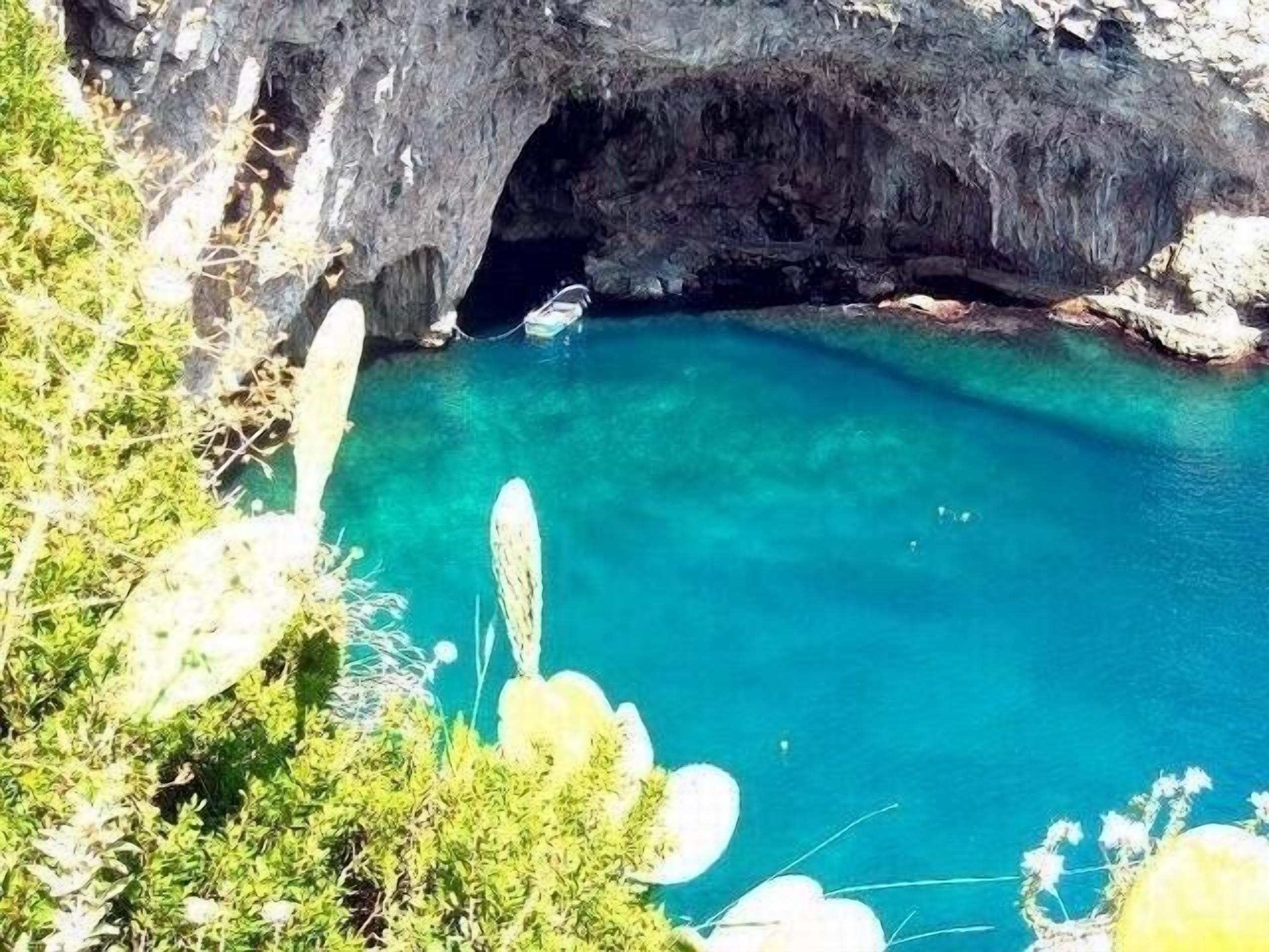 A coastal cave entrance with clear turquoise water and surrounding greenery.