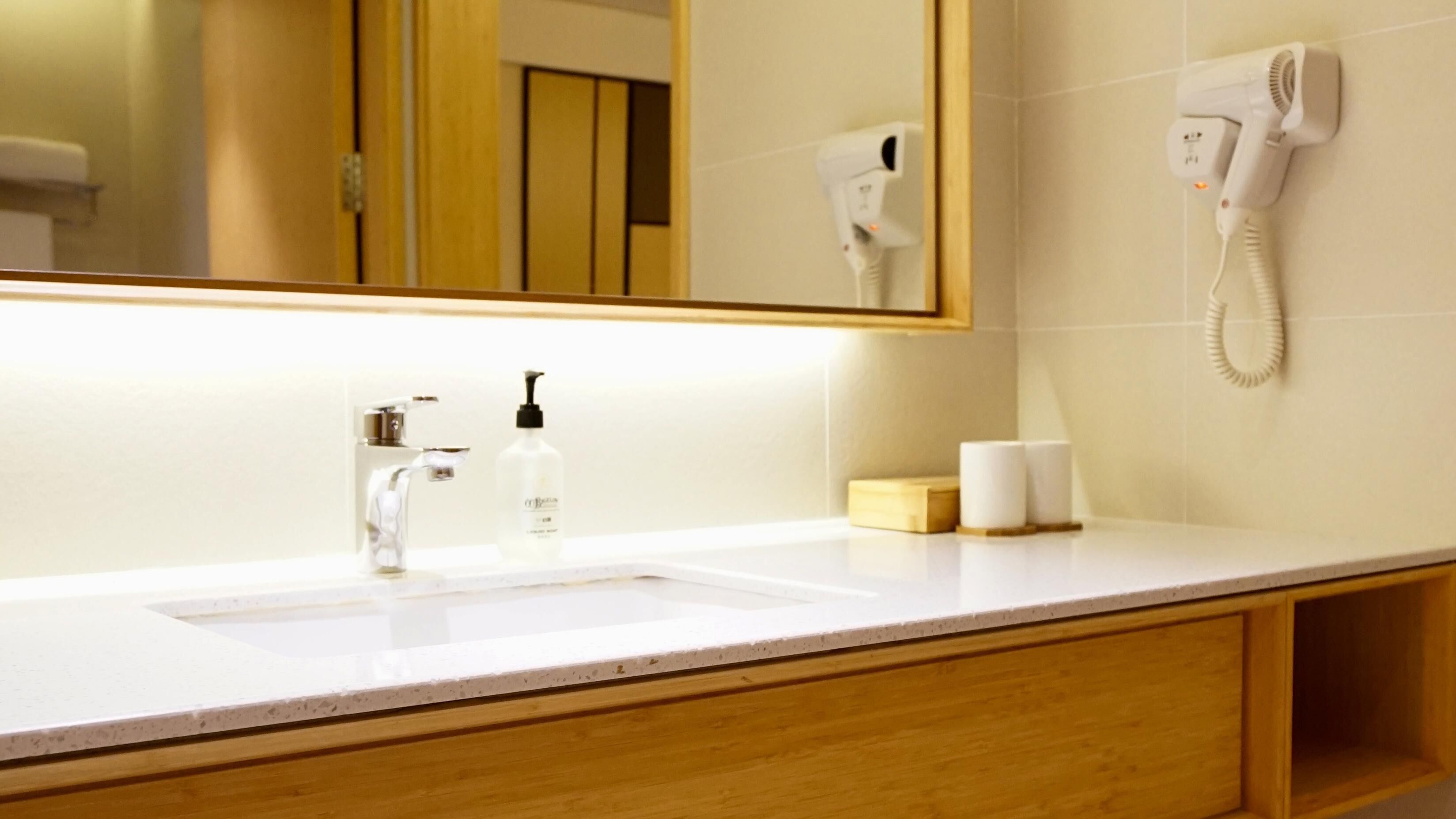 A bathroom with a white sink, a mirror, a hairdryer, and a bottle of shampoo.