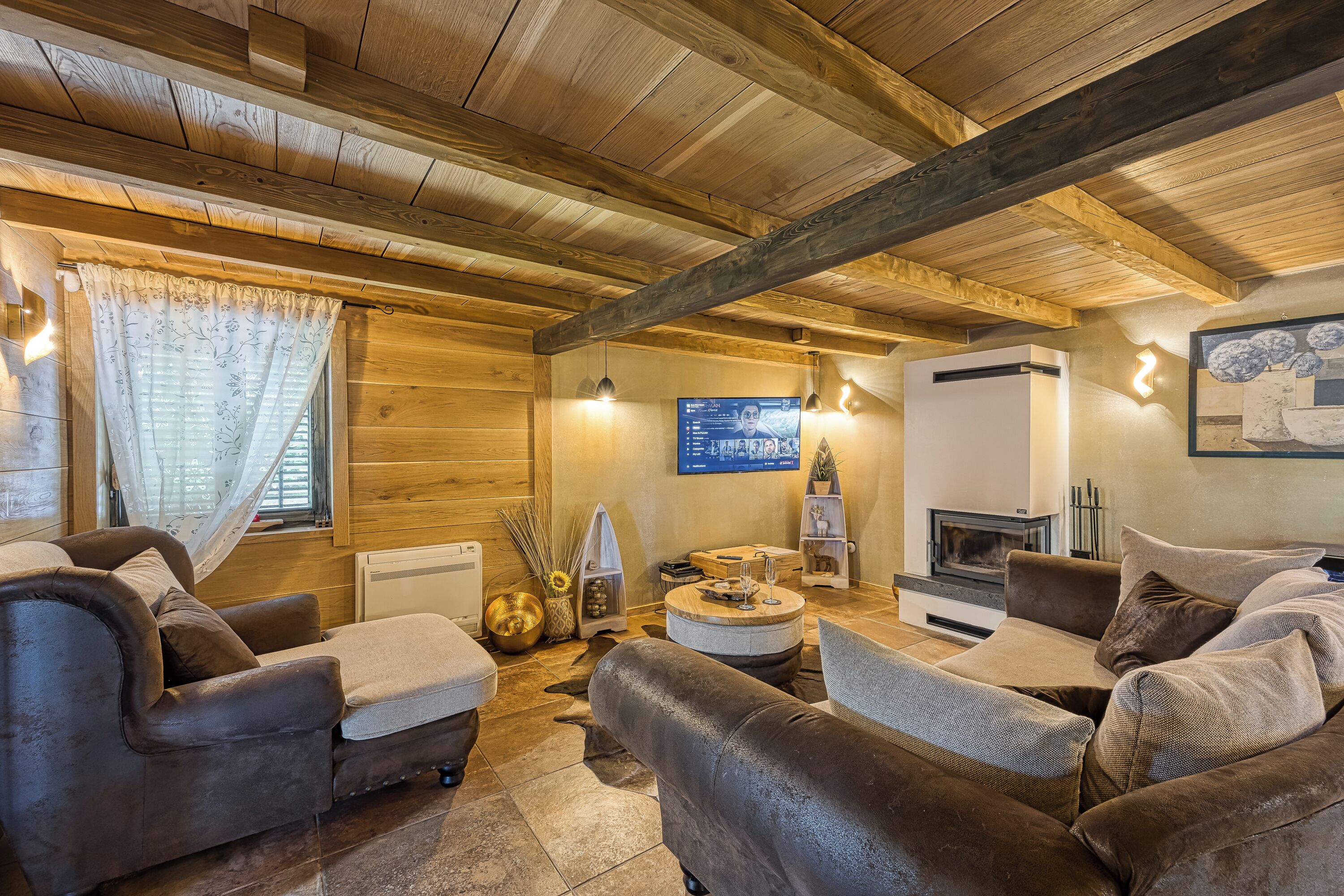 21-inch Smart TV with digital channels, fireplace, video-game console