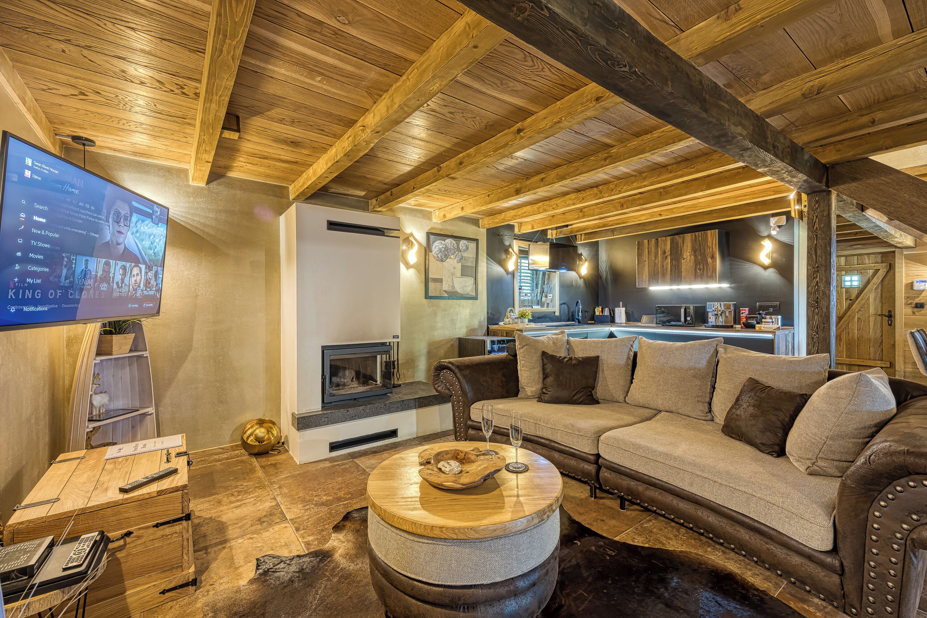 21-inch Smart TV with digital channels, fireplace, video-game console