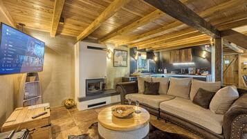 21-inch Smart TV with digital channels, fireplace, video-game console