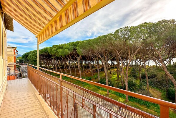 A balcony with a view of a tree-lined riverbank.