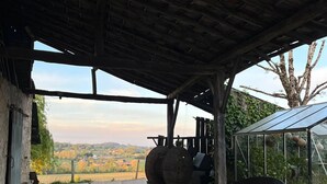 Un área de estar al aire libre con mobiliario de mimbre y vistas al campo.