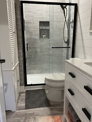 Shower, hair dryer, towels, soap