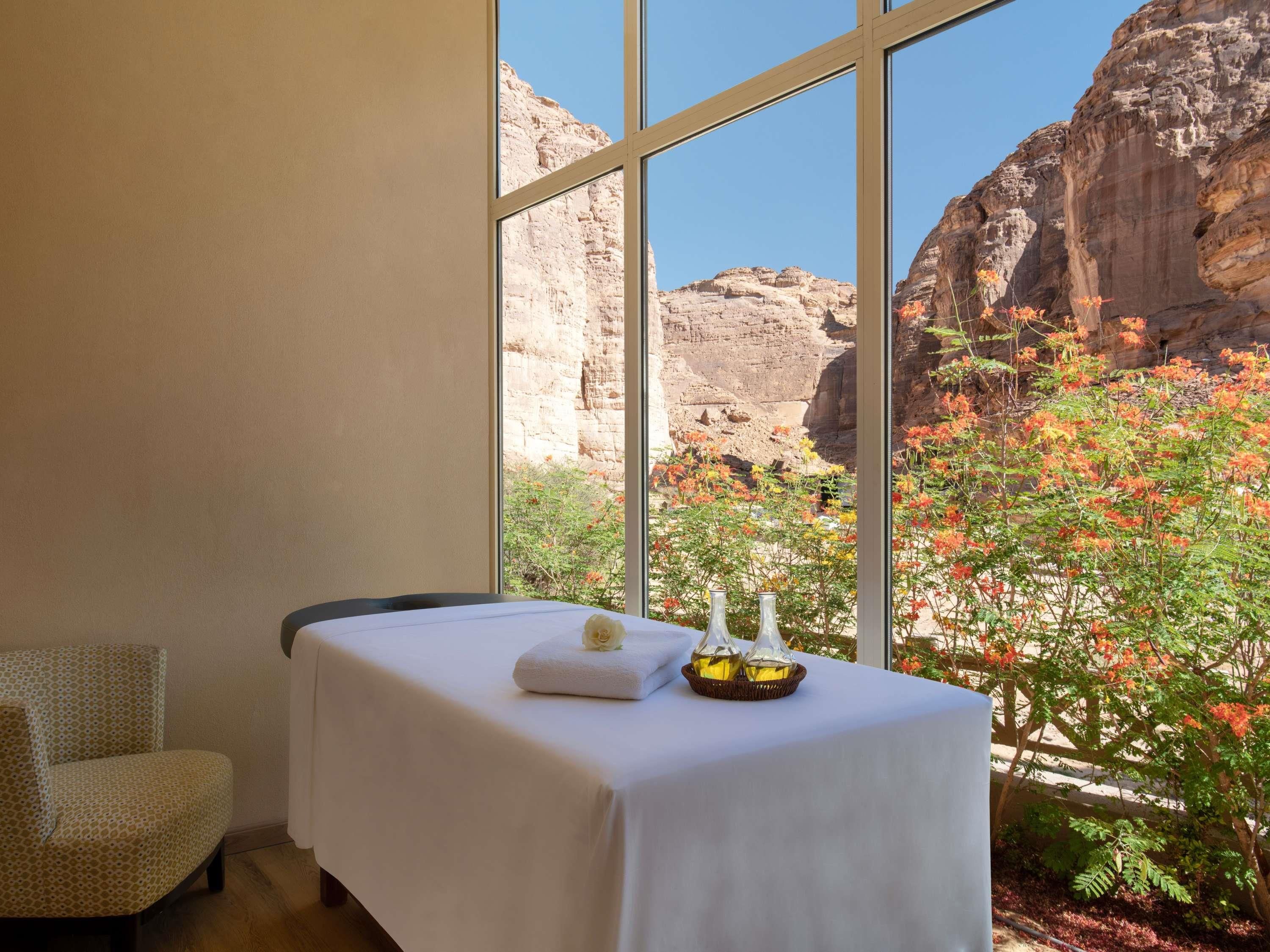 A room with a massage table, a chair, and a window with a view of a canyon and flowering plants.