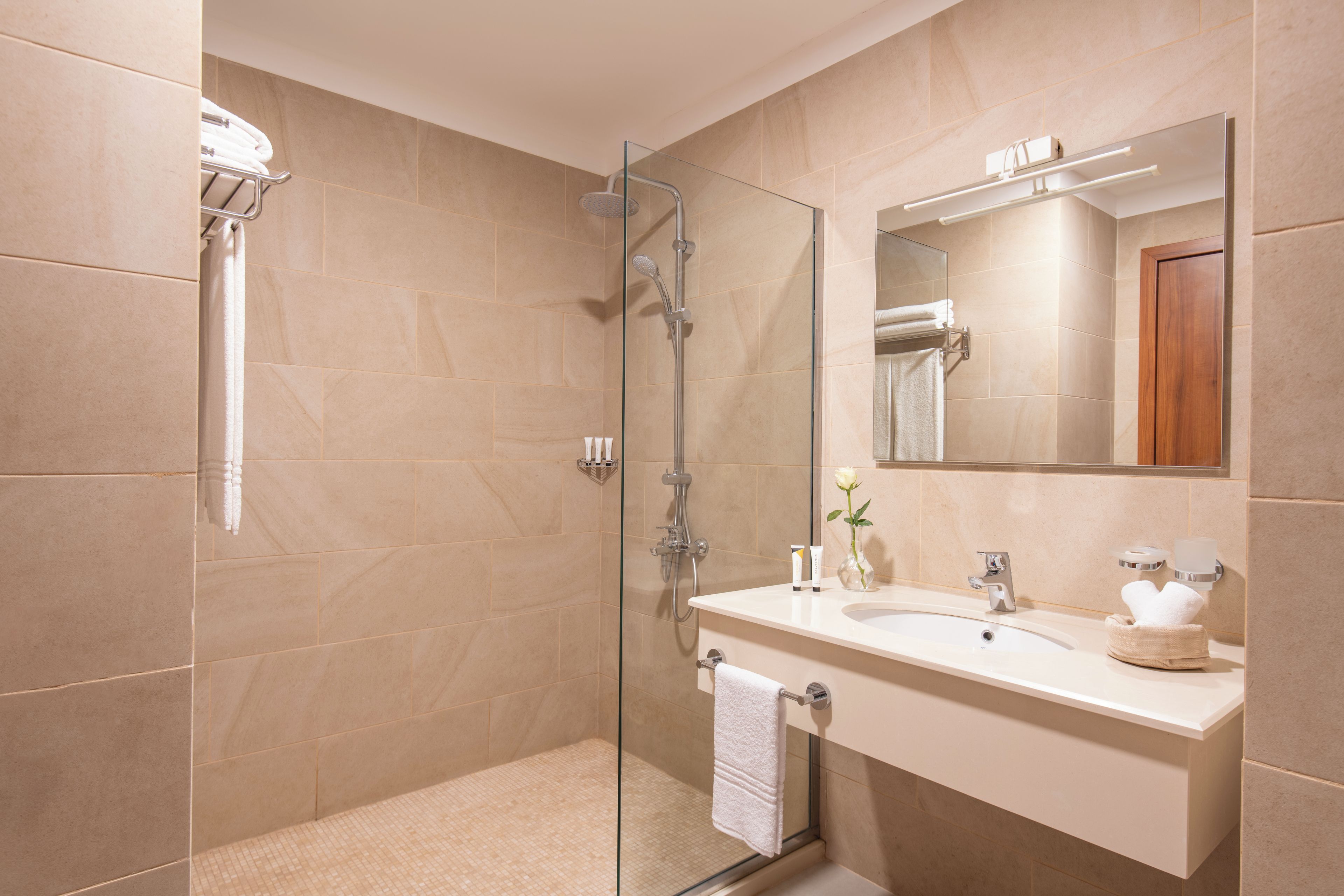A modern bathroom with a glass shower enclosure, a white sink, and a large mirror.