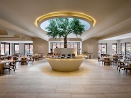 Un amplio comedor con una isla central que tiene un árbol, rodeado de varias mesas y sillas.