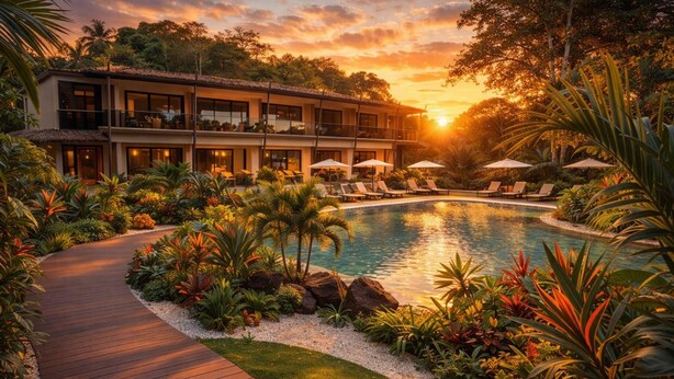 A resort with a pool, lounge chairs, and a wooden walkway. - Miamar (Quepos)