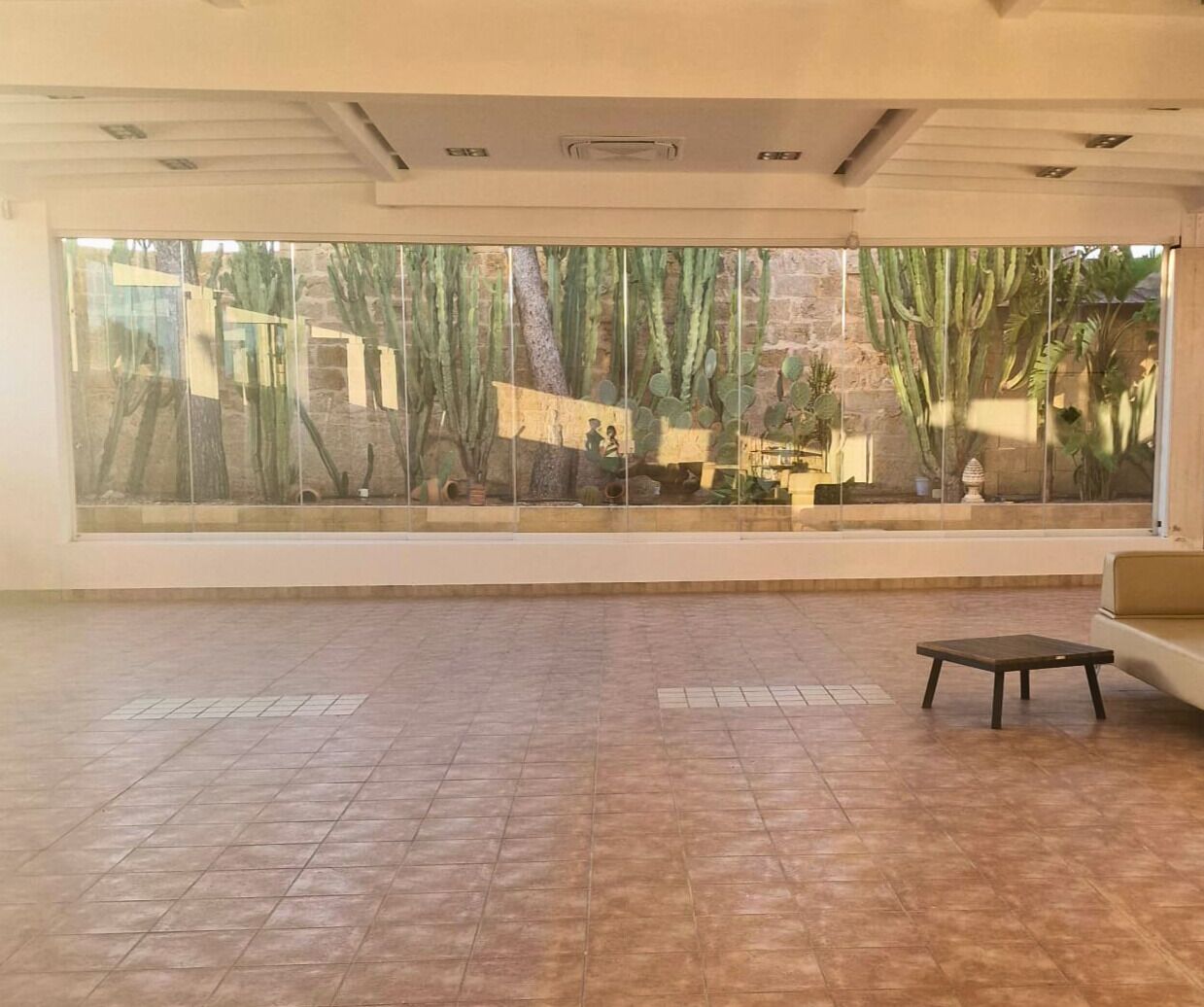 A spacious room with a large window overlooking a cactus garden.