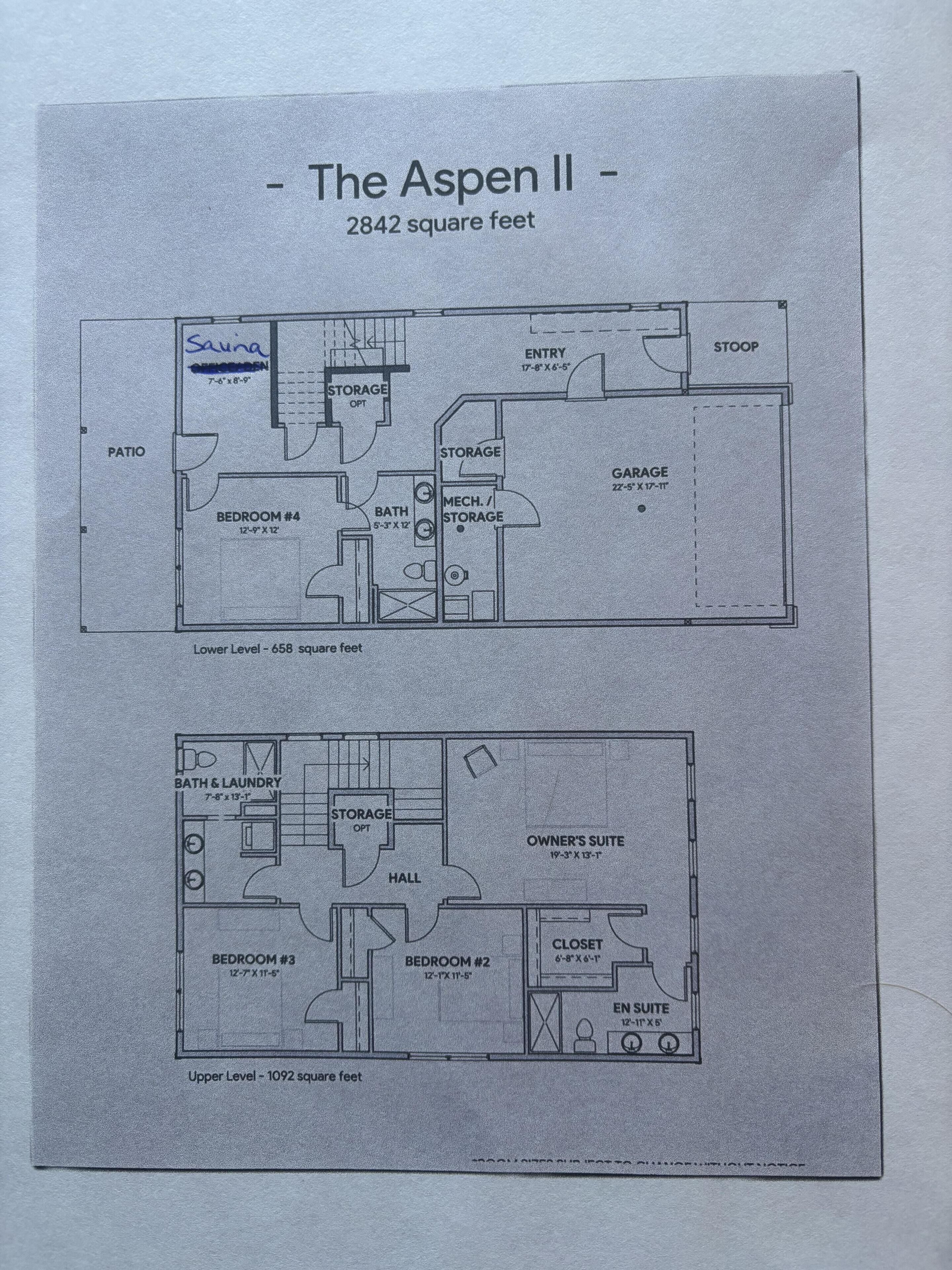 Plano de planta de The Aspen II, que muestra 2842 pies cuadrados con un patio, almacenamiento, garaje y varios dormitorios.