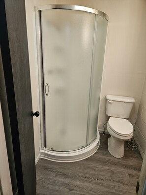 Shower, hair dryer, towels, toilet paper