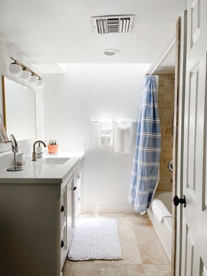 Une salle de bain avec une douche, un lavabo avec un miroir et une plante en pot.