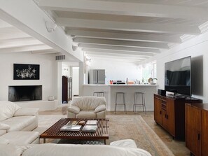 TV, caminetto, libri, biblioteca musicale