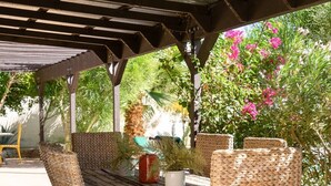 Eine Terrasse im Freien mit Korbmöbeln, einem Tisch und Topfpflanzen.