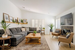 Televisie, een open haard en boeken