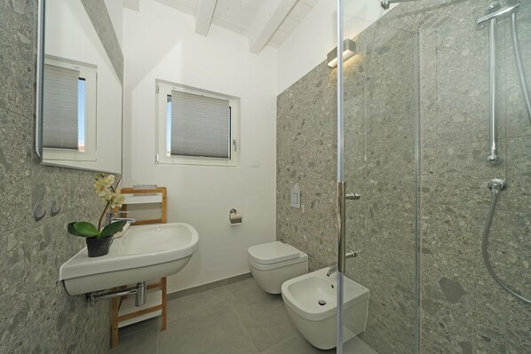 A modern bathroom with a sink, toilet, bidet, and shower.