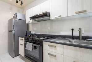 Fully equipped kitchen with a refrigerator, gas stove, oven, and sink.