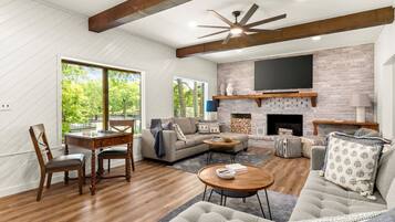 TV, fireplace, books