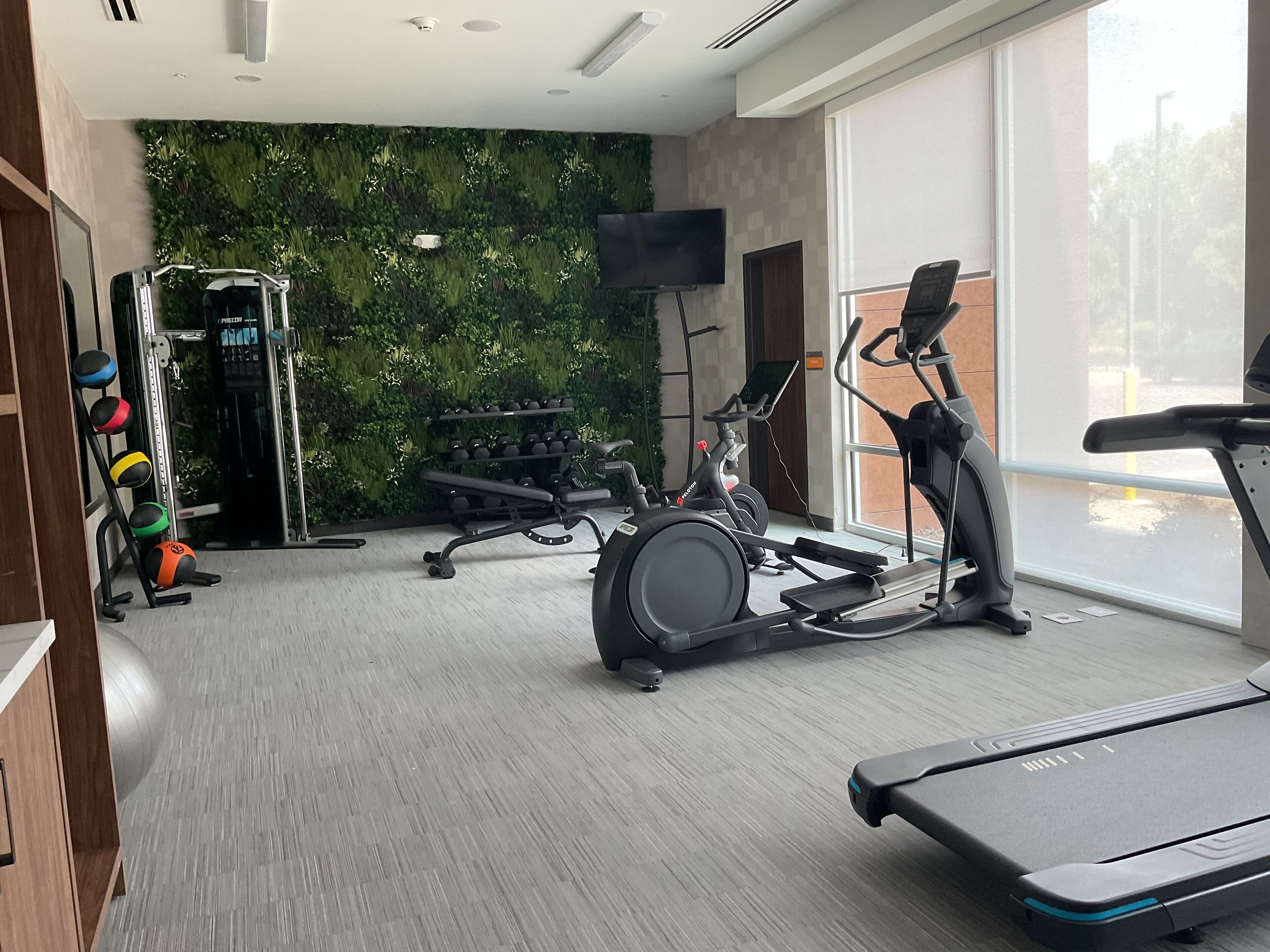 A gym with exercise equipment, a wall-mounted TV, and a large window.