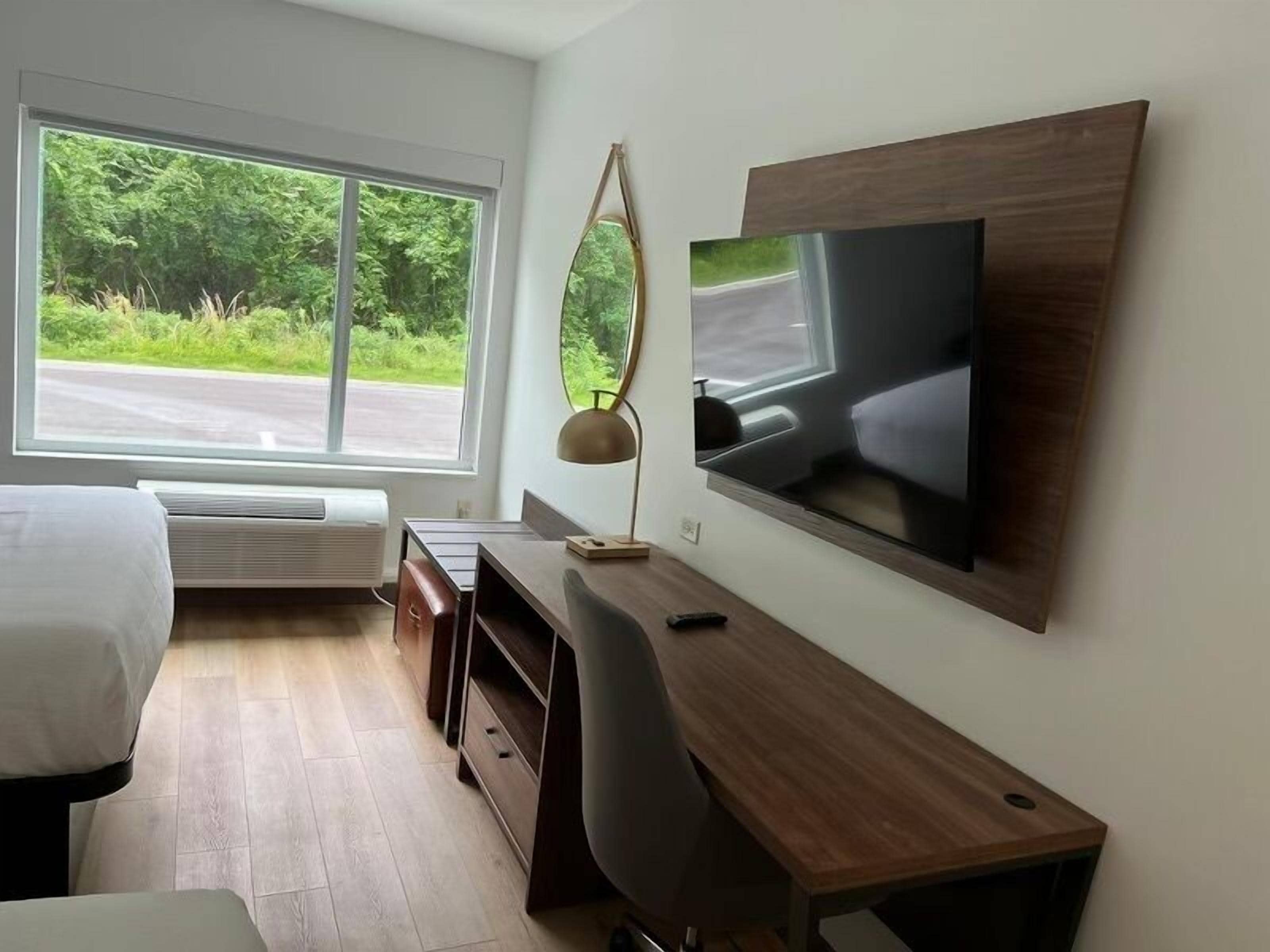 Habitación de hotel moderna con cama, escritorio, televisor montado en la pared y ventana con vista a áreas verdes.