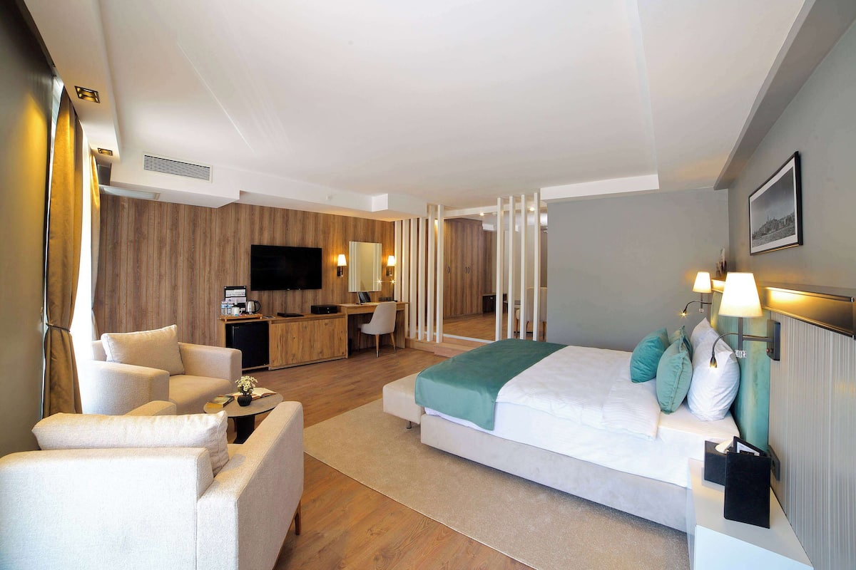 Una habitación de hotel moderna con cama, zona de estar, escritorio y televisión.