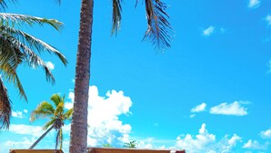 Two wooden beach chairs with a metal frame, positioned on a sandy beach with a clear blue sky and palm trees in the background. - Taboo Milagres (São Miguel dos Milagres)