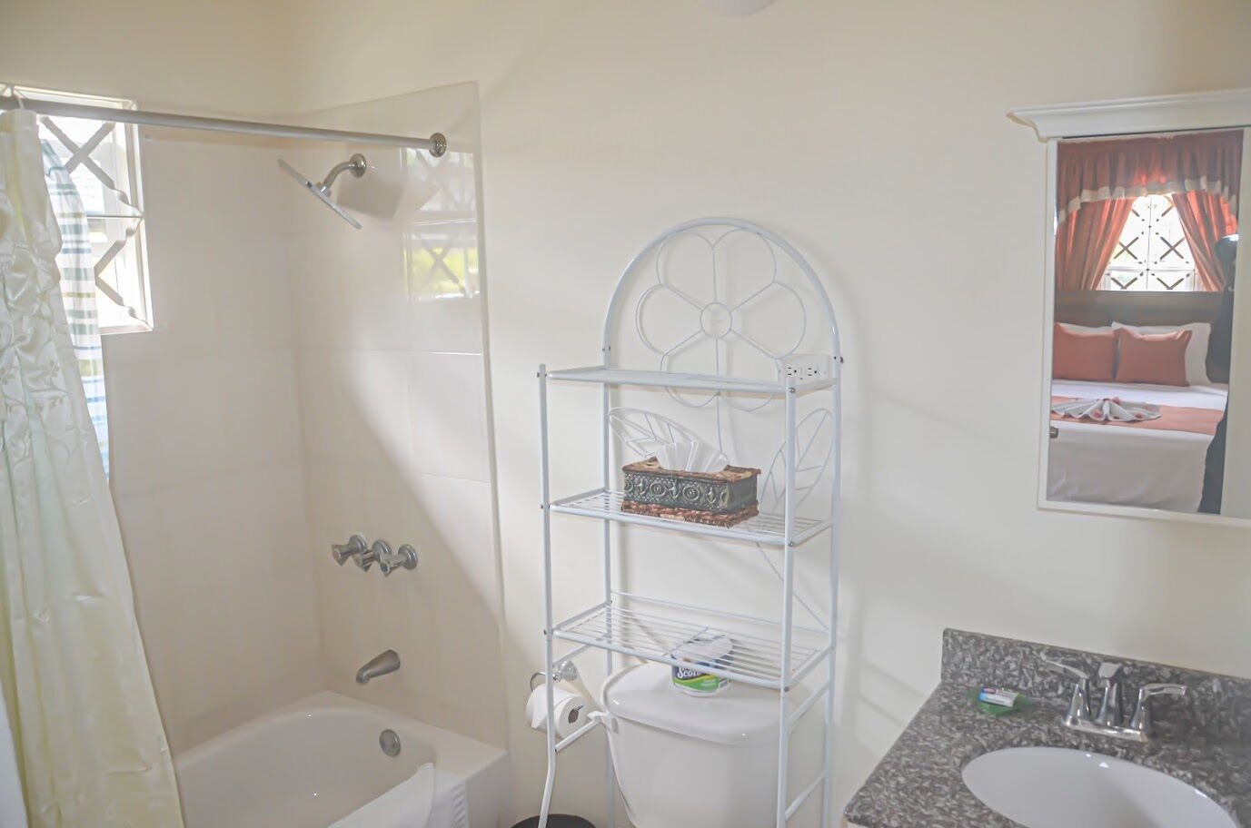 A bathroom with a shower, a toilet, a sink, and a mirror.