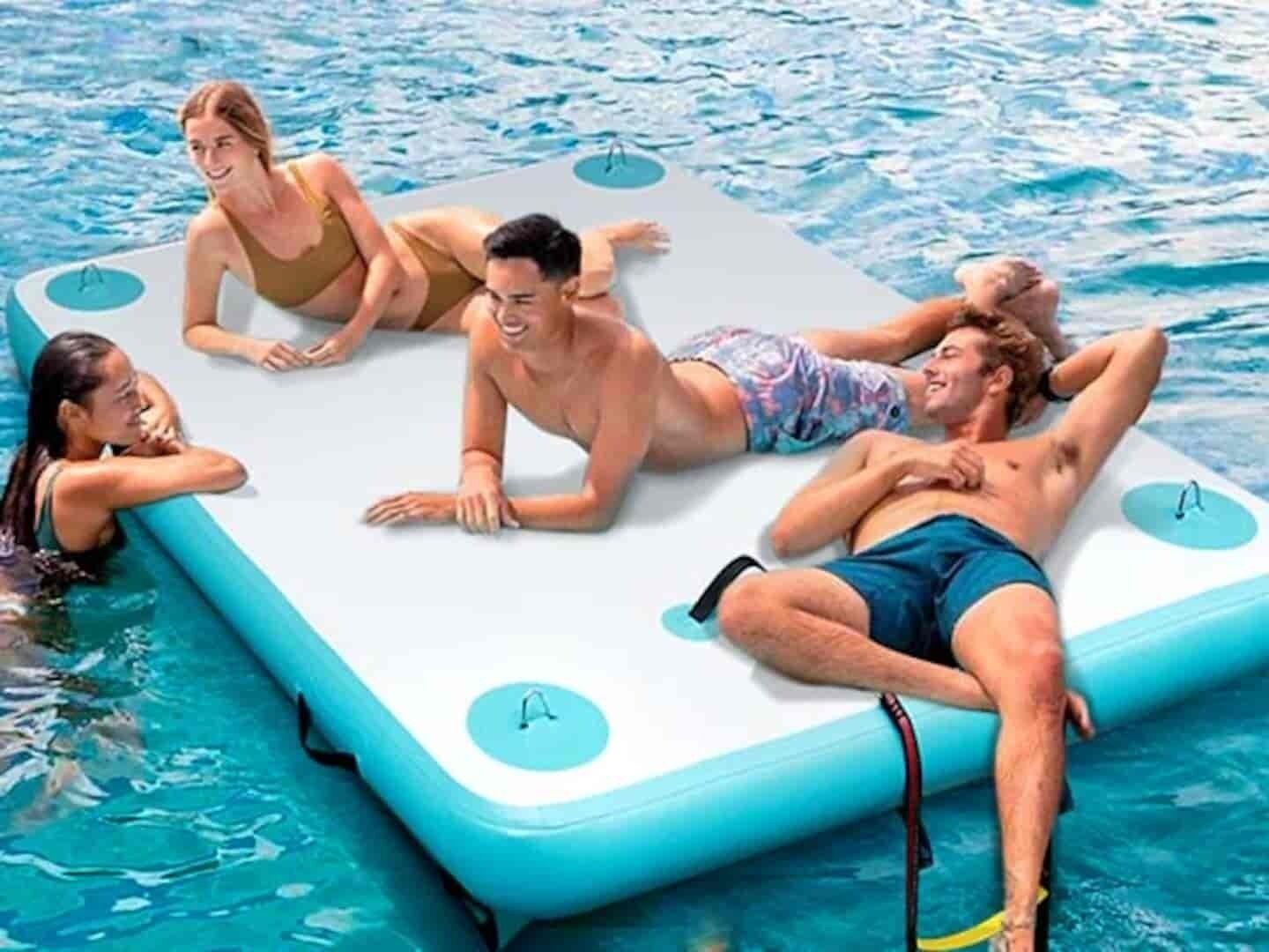 A pool with inflatable floating platforms.