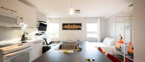 Een koelkast, een magnetron, een kookplaat