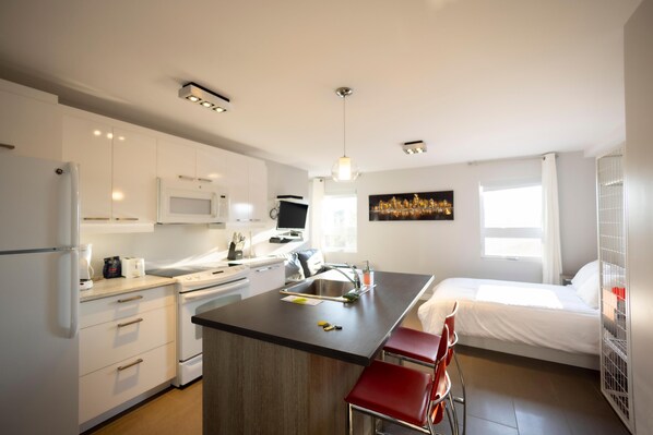 Jääkaappi, mikroaaltouuni, liesi, kahvin-/teenkeitin