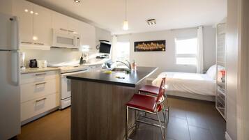 Réfrigérateur, micro-ondes, plaque de cuisson, cafetière/bouilloire