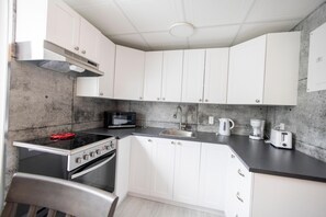 Kühlschrank, Mikrowelle, Herdplatte, Wasserkocher mit Kaffee-/Teezubehör